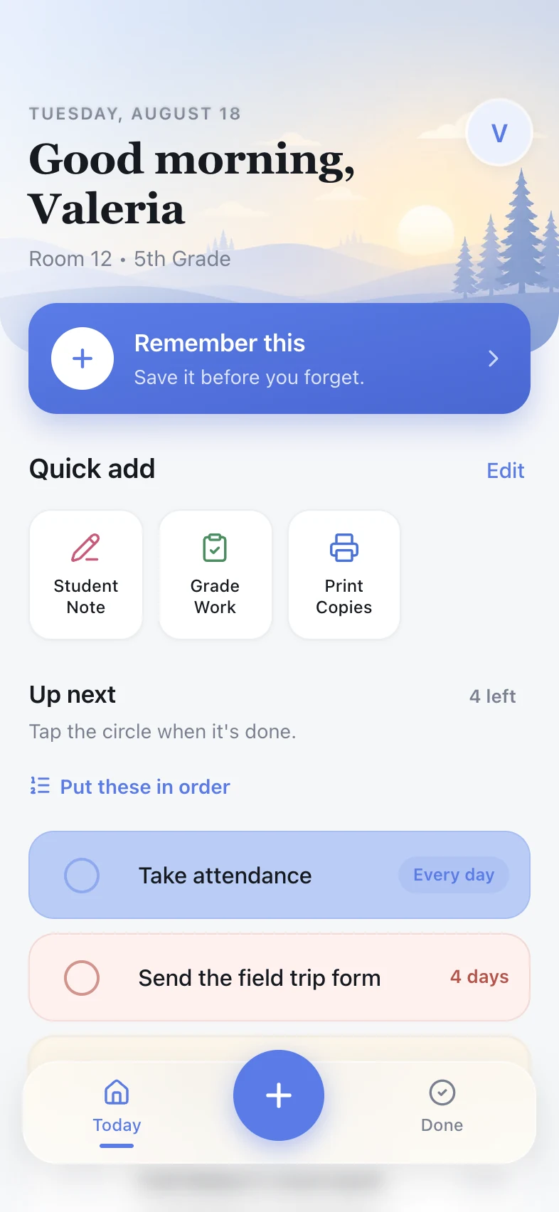 A teacher's reminder list, with older reminders shaded cream and red so they stand out
