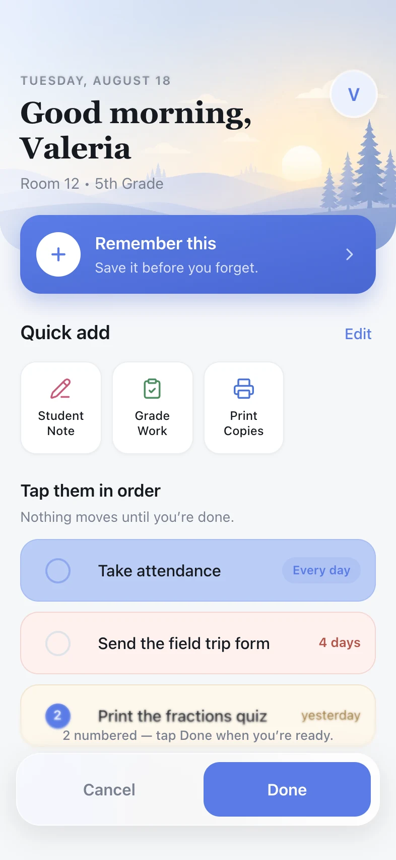 Putting classroom reminders in order by numbering them one, two and three