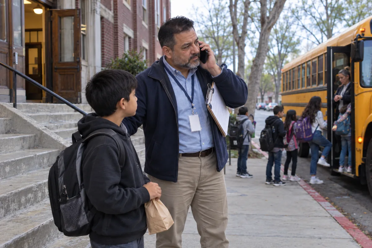 7:50 and the bus is at the curb: the teacher on the phone to his dad while a boy waits with his paper-bag lunch